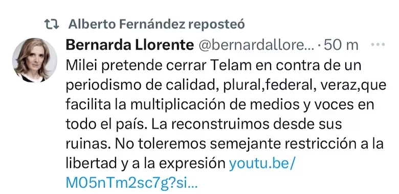 Alberto Fernández reposteó el tuit de Llorente
