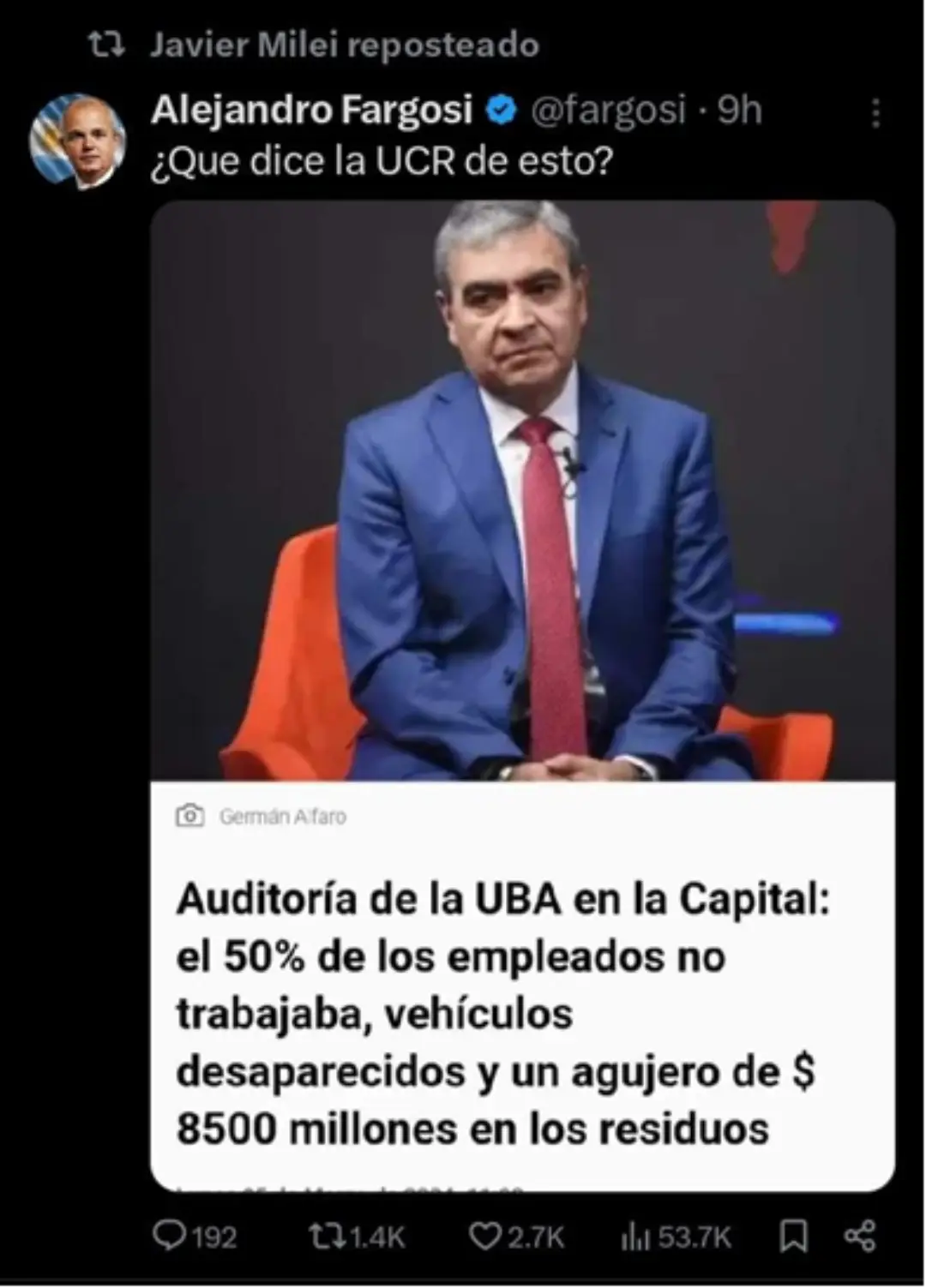tweet de fargosi auditoría uba